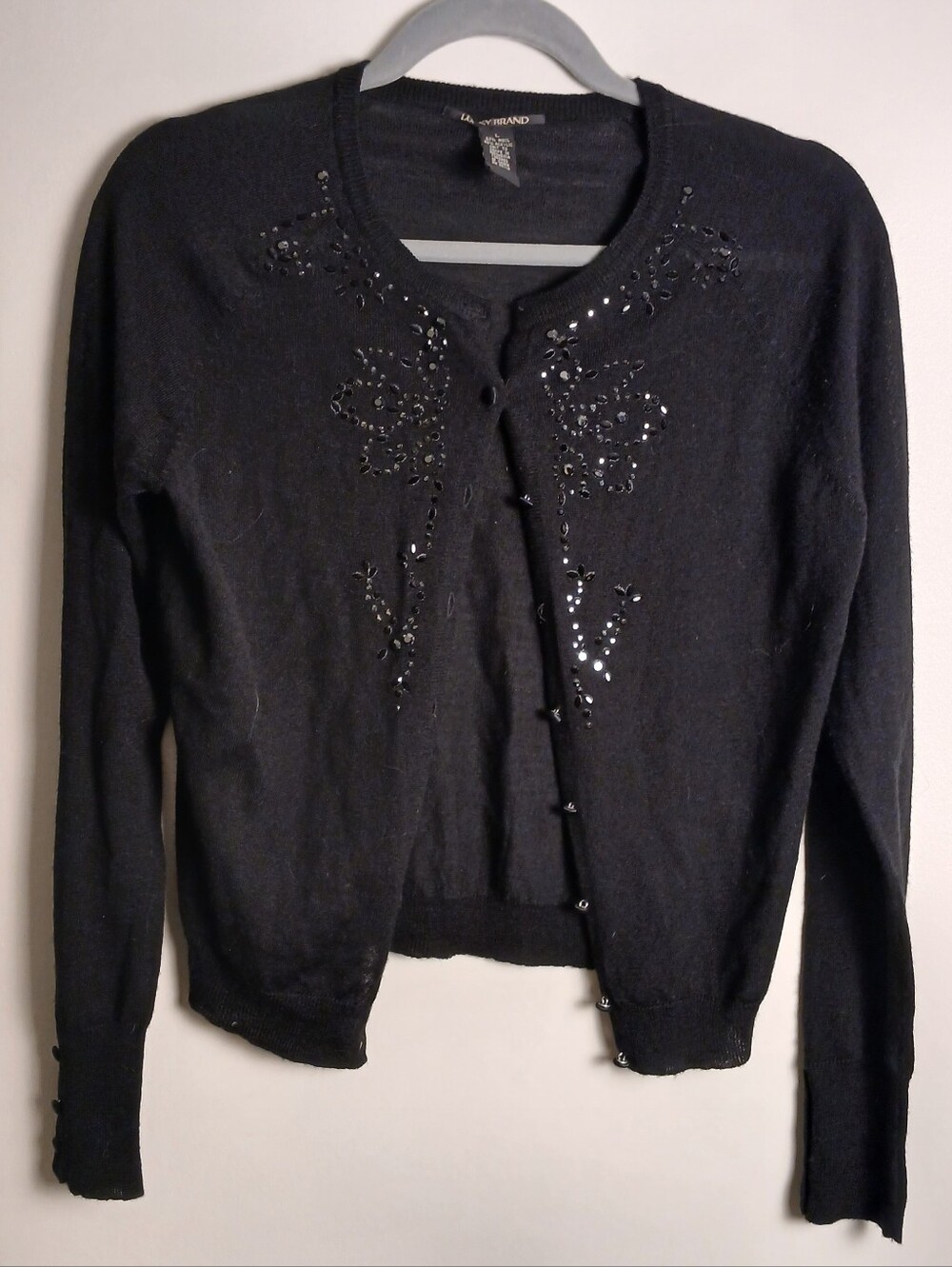 Lucky Brand Black Beaded Cardigan Sweater Size L MISSING MIDDLE BUTTON